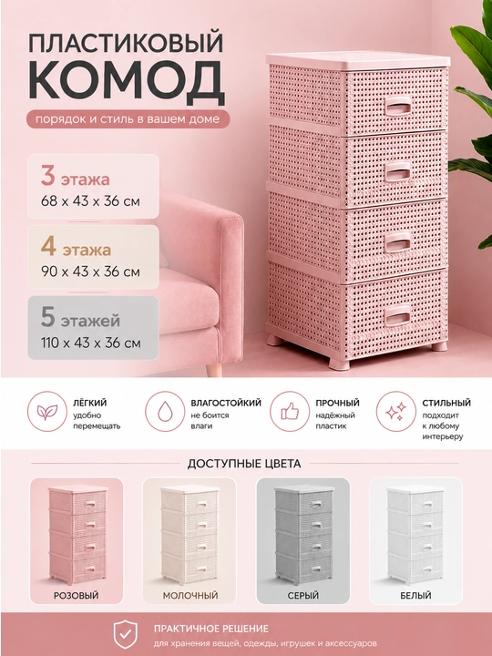 Комод пластиковый 3, 4, 5-секционный, компактный, с корзинной текстурой - 
