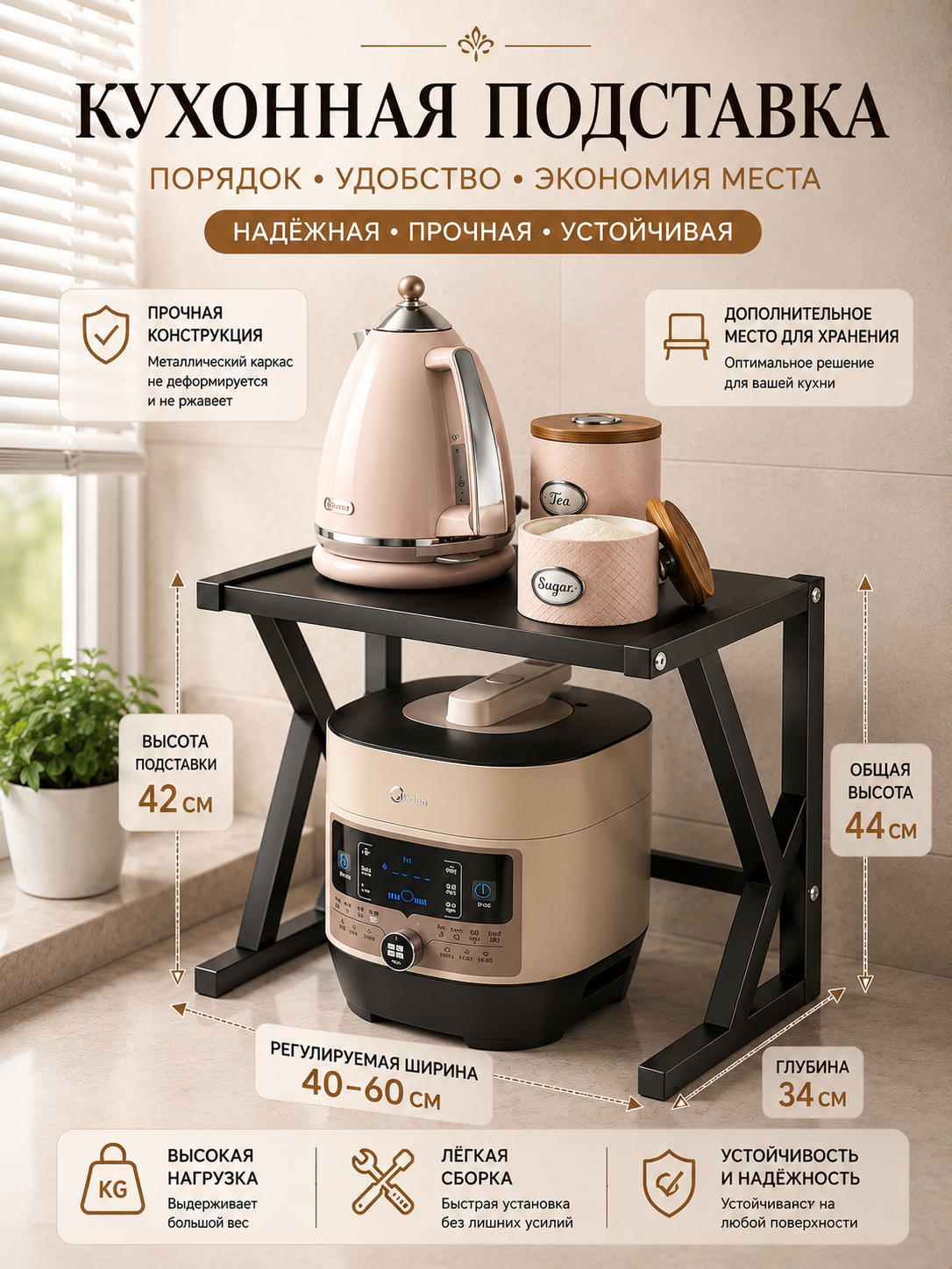 Mikroto‘lqinli pech stendi, oshxona stendi, metall tokcha, mikrovolnovka uchun javon - 