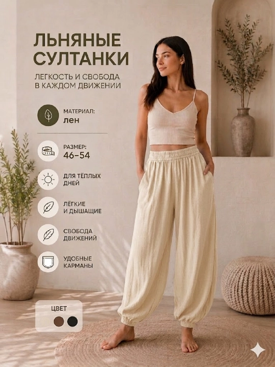 Женские летние льняные широкие брюки султанки, Стандарт размер 46/54 - 