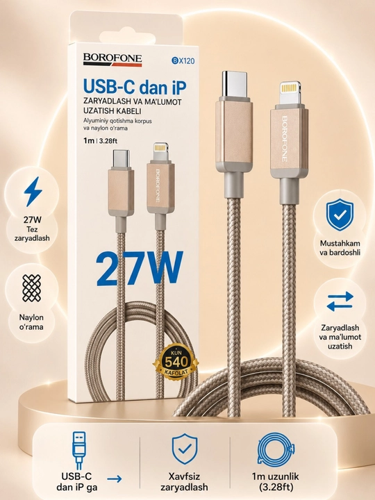 Кабель для зарядки, 3-в-1, iP + Micro USB + Type-C, 1 м, быстрая зарядка 2.4A - 