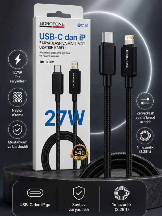 Кабель для зарядки, 3-в-1, iP + Micro USB + Type-C, 1 м, быстрая зарядка 2.4A - 