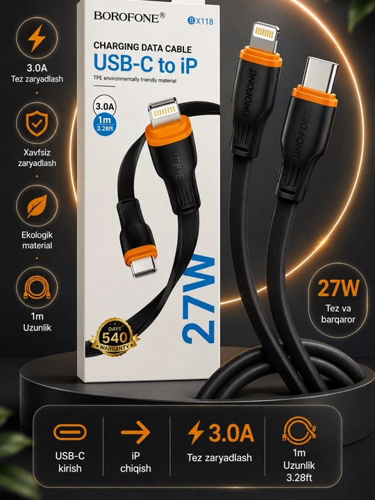 Кабель для зарядки, 3-в-1, iP + Micro USB + Type-C, 1 м, быстрая зарядка 2.4A - 