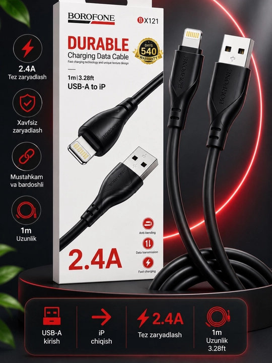 Кабель для зарядки, 3-в-1, iP + Micro USB + Type-C, 1 м, быстрая зарядка 2.4A - 