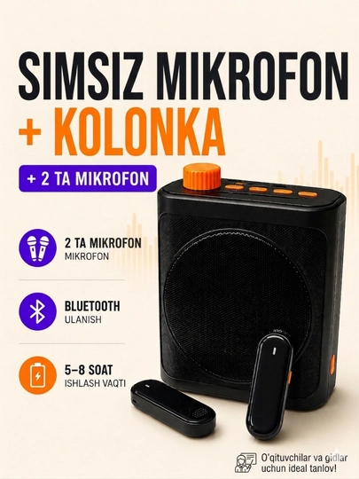 Simsiz mikrofon va ovoz kuchaytirgich kolonka o‘qituvchilar va gidlar uchun, +2 mikrofon - 
