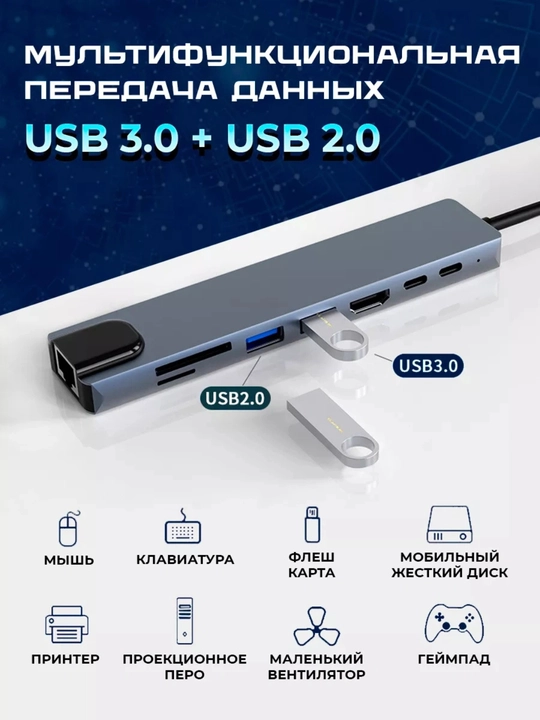 USB hub 3.0 Type-C, 8 ta port va kartrider bilan