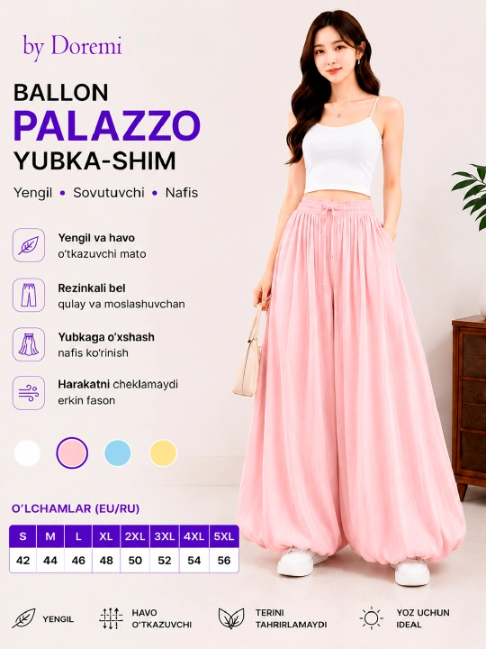 Ayollar uchun yozgi Palazzo yubka-shim, keng pochali, yengil va havo o'tkazuvchi mato