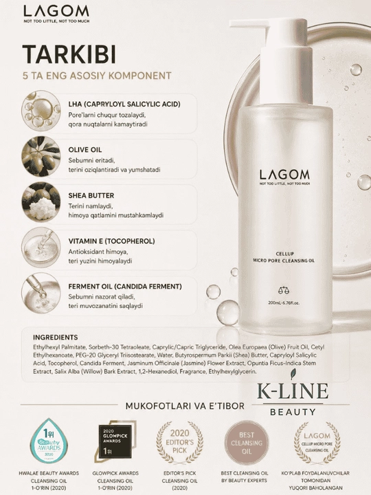 Lagom Gidrofil moyi Cleansing Oil -G’ovaklarni chuqur tozalash uchun gidrofil yog', 200 ml