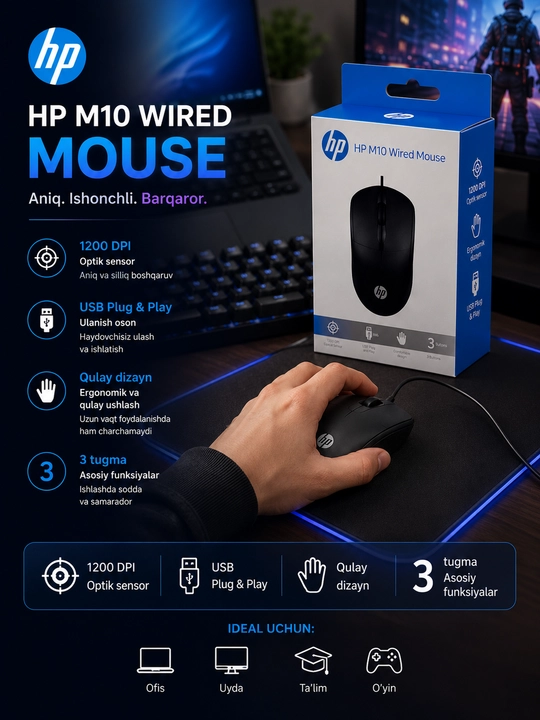 HP X-66 Gaming Mouse simli optik sichqoncha, USB, qora