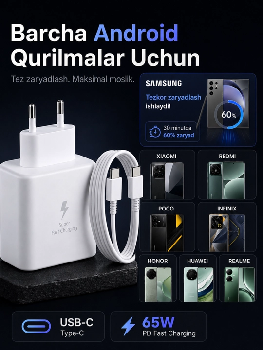 Зарядное устройство 45/120 Вт PD, USB-C, с кабелем 5A/6A – для Samsung и Xiaom