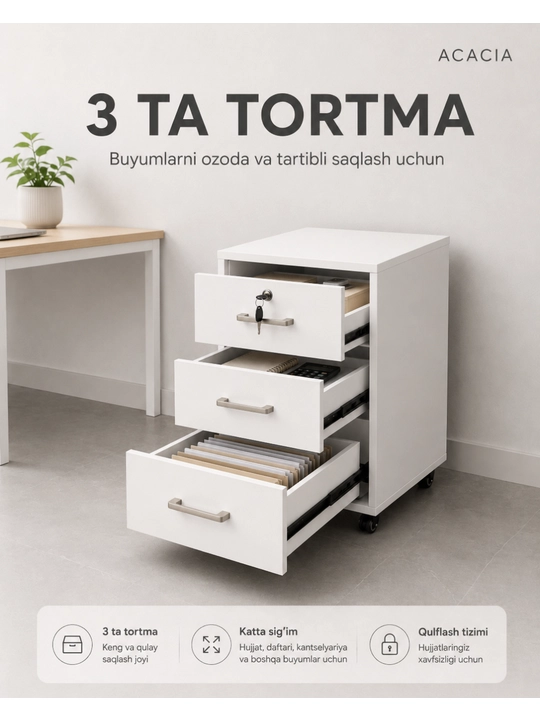G‘ildirakli ofis tumbasi, 60×40×40 sm, 3 tortmali, ixcham va ko‘chma, acacia