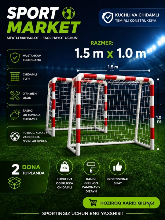 Futbol darvozalari o'lchami 1,5 m (1 m), bolalar va kattalar uchun, futbol va xokkey uchun - 