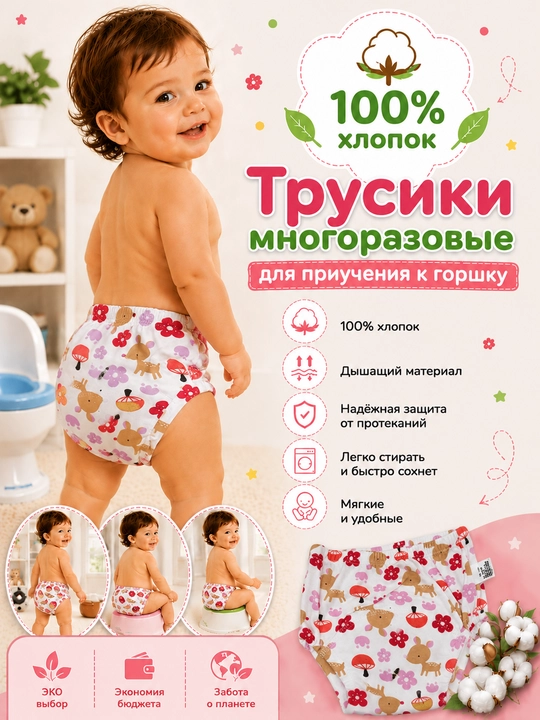 Многоразовые подгузники, приручающие к горшку, моющиеся, дышащие трусики 100% хлопок - 