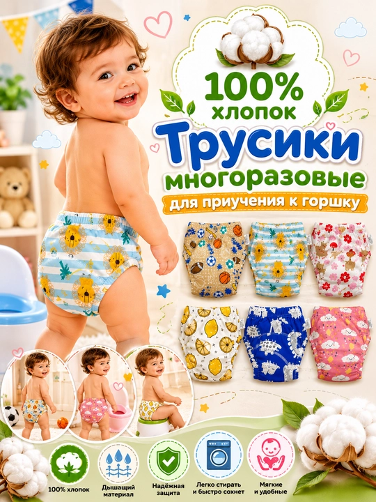 Многоразовые подгузники, приручающие к горшку, моющиеся, дышащие трусики 100% хлопок - 