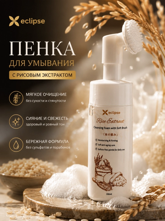 Очищающая пенка с рисовым экстрактом и мягкой щёточкой, 150 мл - 