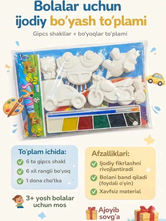 Bo‘yash uchun gips shakllar, 3D bo‘yash, ijodkorlik, bolalar uchun bo‘yash gips to‘plami