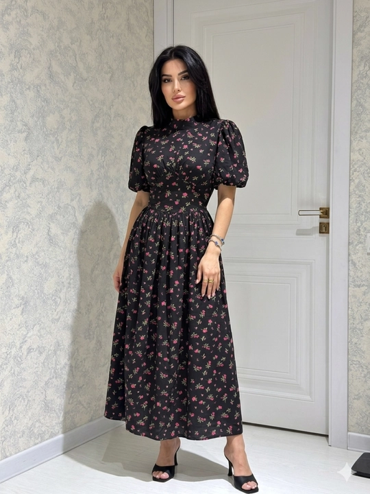Ayollar uchun guldor bosmali midi ko‘ylak, 42–48 o‘lcham - 