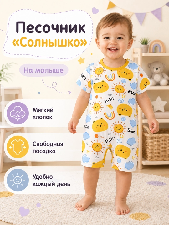 Детский песочник ромпер с коротким рукавом, хлопковый, для малышей