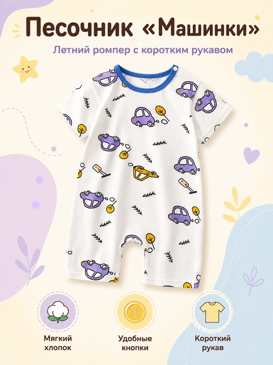 Детский песочник ромпер с коротким рукавом, хлопковый, для малышей - 