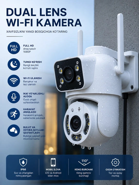 Smart Wi-Fi kamera, PTZ kuzatuv kamerasi, Full HD tashqi kamera - 