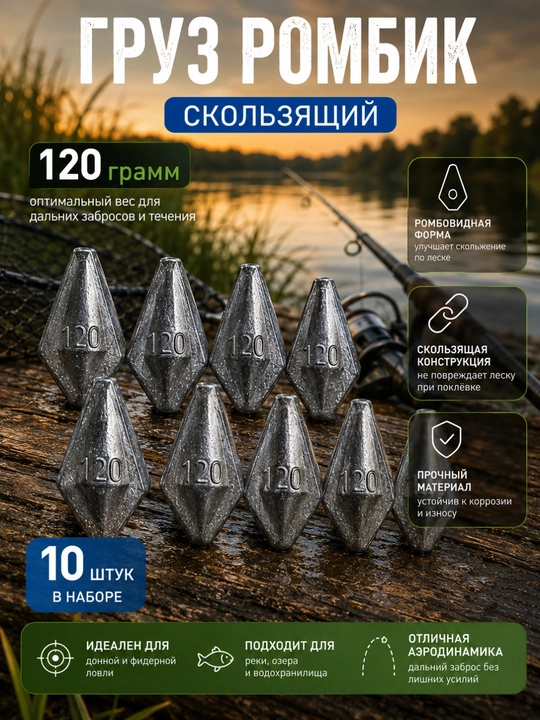 Baliq ovlash yuki, sirpanuvchi romb, 120 g, teshigi ochiq, 10 donadan iborat to‘plam - 