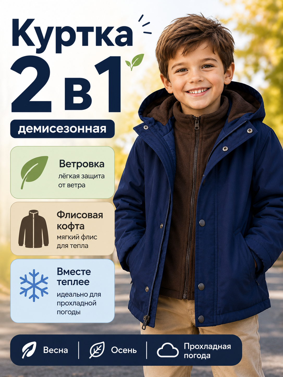 Куртка детская 2 в 1, демисезонная, со съёмным флисом, осень- весна. Размеры: 90–150 - 