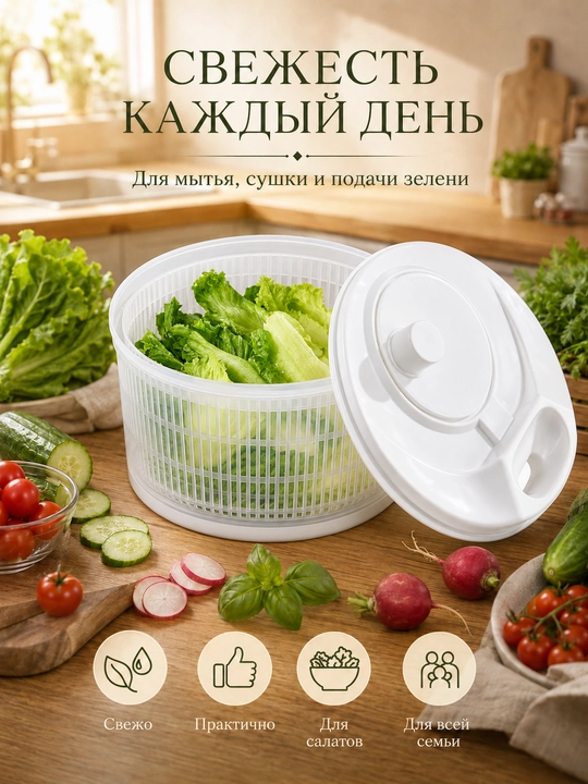 Сушилка для салата и овощей, кухонная центрифуга, белая