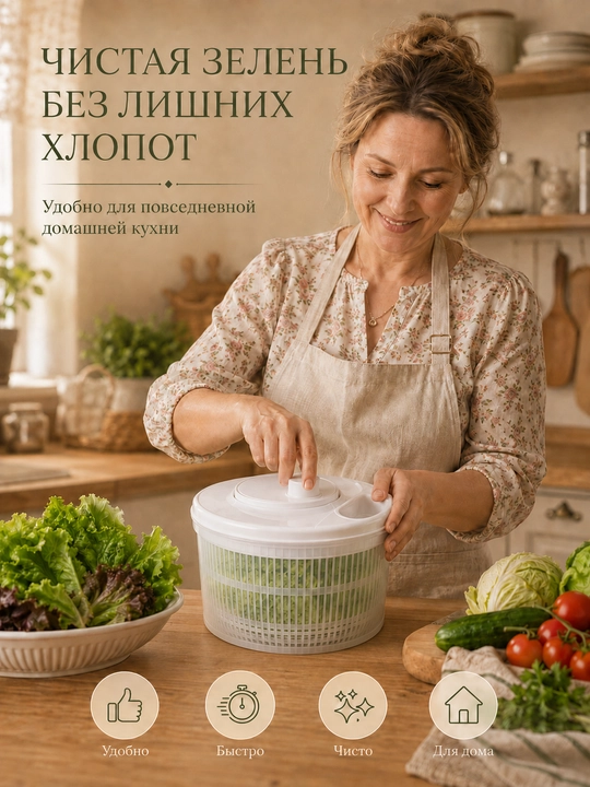 Сушилка для салата и овощей, кухонная центрифуга, белая