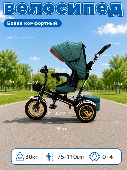 Детский велосипед-коляска 360°, 1–6 лет, музыка и свет, до 50 кг