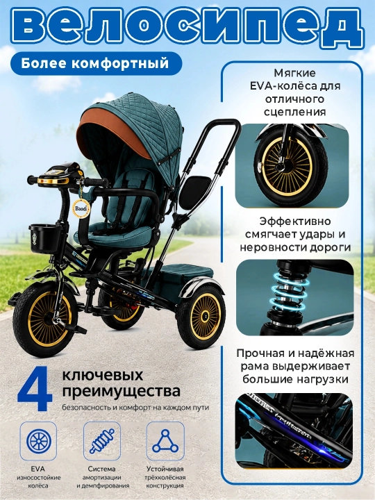 Детский велосипед-коляска 360°, 1–6 лет, музыка и свет, до 50 кг