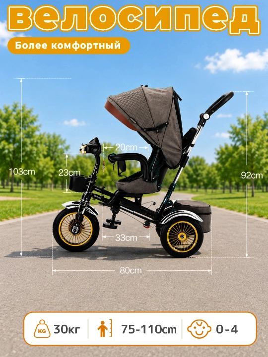 Детский велосипед-коляска 360°, 1–6 лет, музыка и свет, до 50 кг