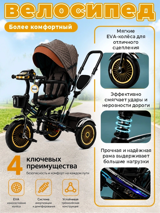 Детский велосипед-коляска 360°, 1–6 лет, музыка и свет, до 50 кг