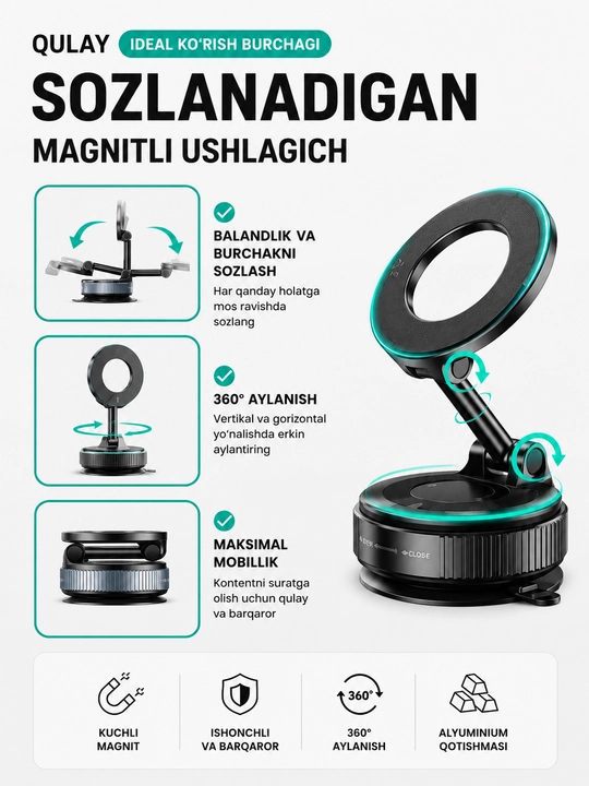 360 darajaga buriladigan MagSafe so‘rg‘ichli avtomobil telefon tutqichi - 