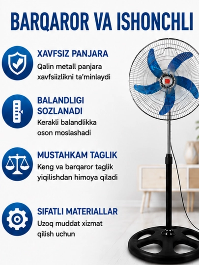 Ventilyator, sovutuvchi pol ventilyator zamonaviy dizayn bilan, 4 xil