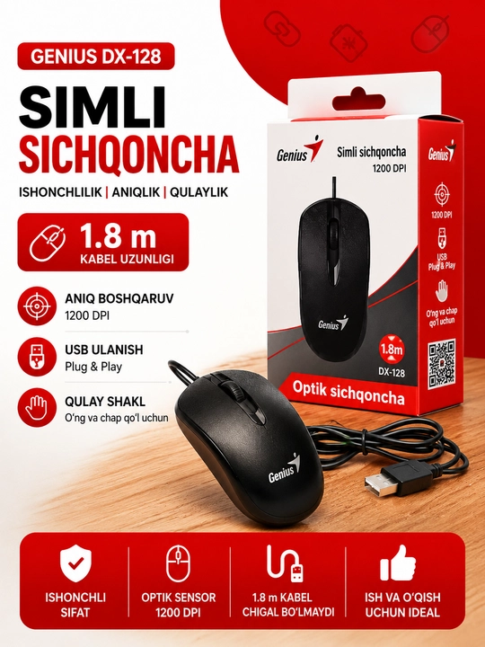 Genius DX-128 simli optik sichqoncha, USB, 1200 DPI, 1.8 m kabel