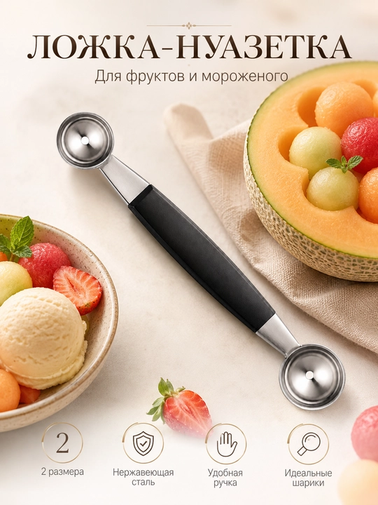 Двусторонняя ложка-нуазетка для фруктов, овощей и мороженого - 