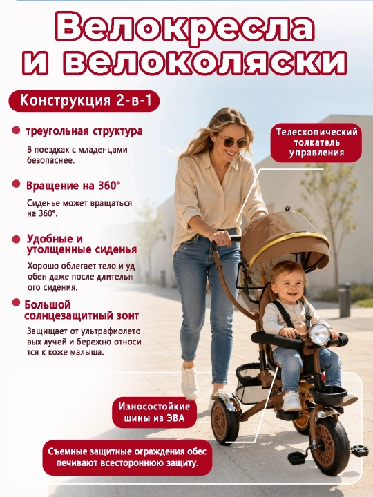 Детский велосипед-коляска 360°, 1–6 лет, музыка и свет, до 50 кг