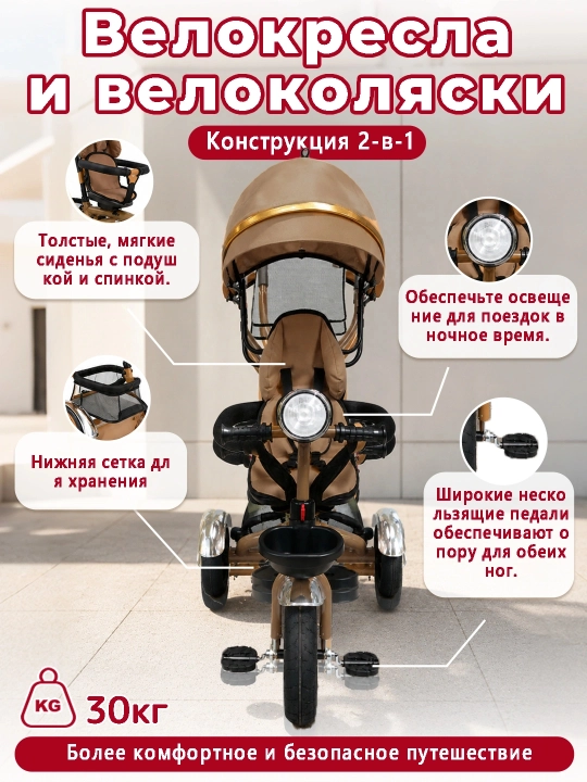 Детский велосипед-коляска 360°, 1–6 лет, музыка и свет, до 50 кг