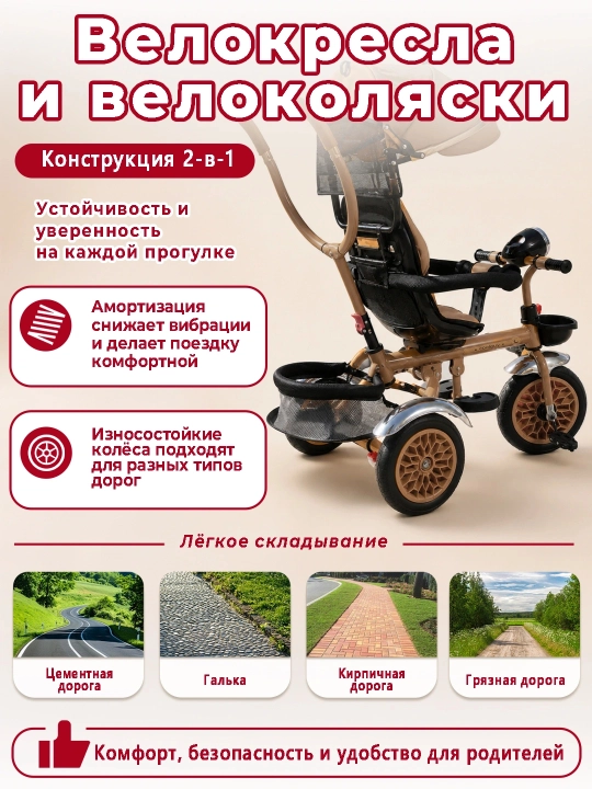 Детский велосипед-коляска 360°, 1–6 лет, музыка и свет, до 50 кг