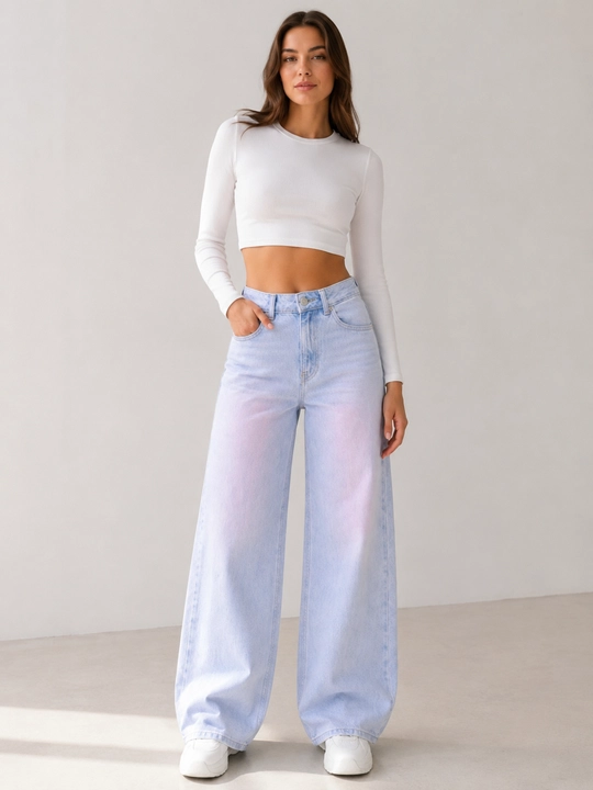 Джинсы женские широкие светло-голубые с розовым оттенком Wide Leg