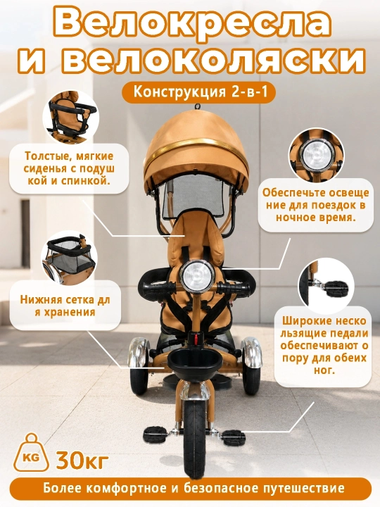 Детский велосипед-коляска 360°, 1–6 лет, музыка и свет, до 50 кг