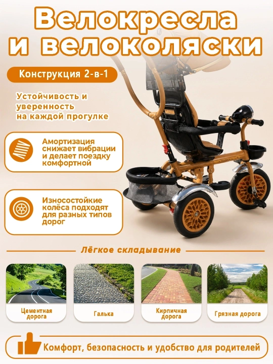 Детский велосипед-коляска 360°, 1–6 лет, музыка и свет, до 50 кг