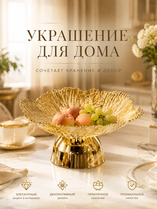 Акриловая фруктовница золотистая, для фруктов и сладостей - 