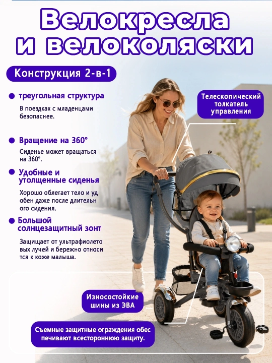 Детский велосипед-коляска 360°, 1–6 лет, музыка и свет, до 50 кг
