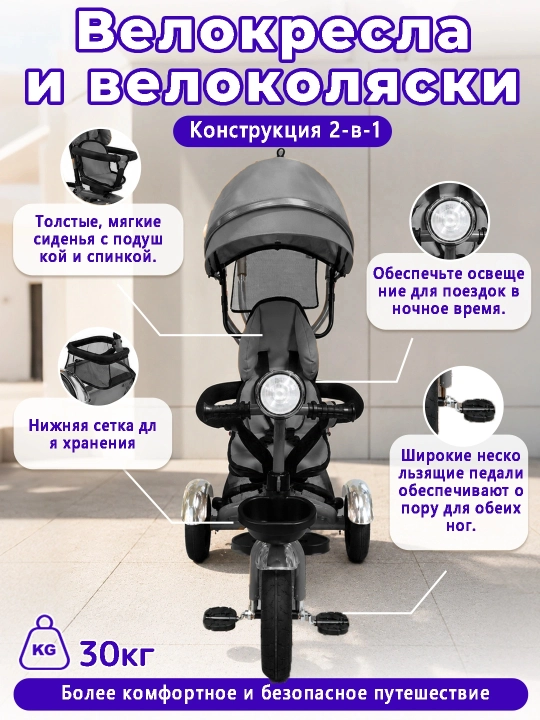 Детский велосипед-коляска 360°, 1–6 лет, музыка и свет, до 50 кг