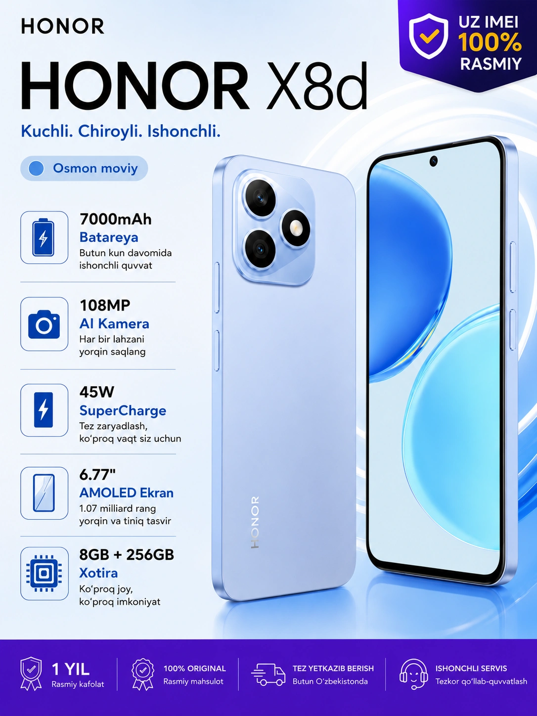 Смартфон Honor X8d 8/256 ГБ, 6.77", AMOLED, 108 МП, 7000 мА/ч за 4655000 сум со скидкой 42%. Uzum Market