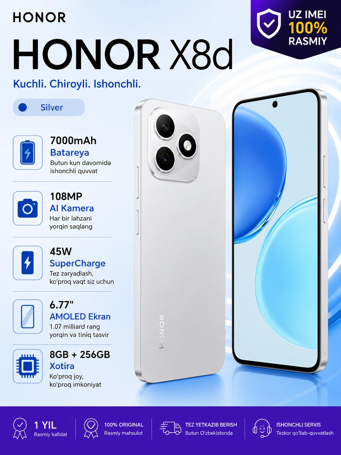 Смартфон Honor X8d 8/256 ГБ, 6.77", AMOLED, 108 МП, 7000 мА/ч за 3839000 сум со скидкой 52%. Uzum Market