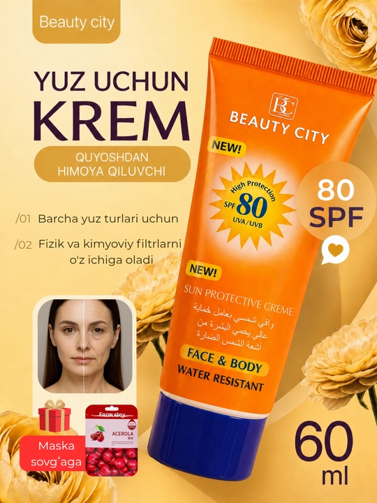 Beauty City SPF 80 , 60 ml yuz uchun quyoshdan himoyalovchi krem - 