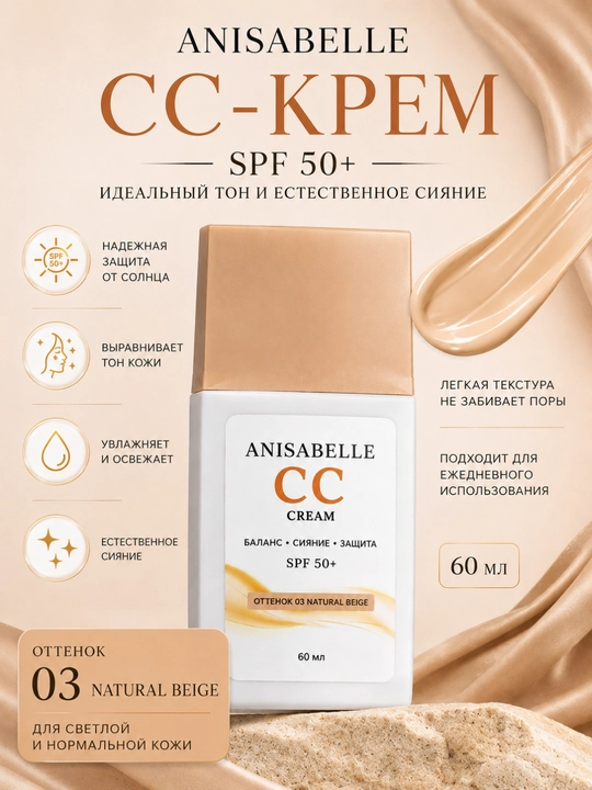 ANISABELLE CC-крем SPF 50+ для лица, защита от солнца и увлажнение, 60 мл