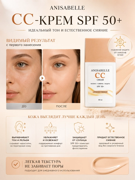 ANISABELLE CC-крем SPF 50+ для лица, защита от солнца и увлажнение, 60 мл