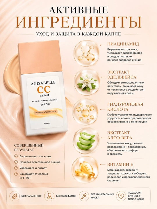 ANISABELLE CC-крем SPF 50+ для лица, защита от солнца и увлажнение, 60 мл